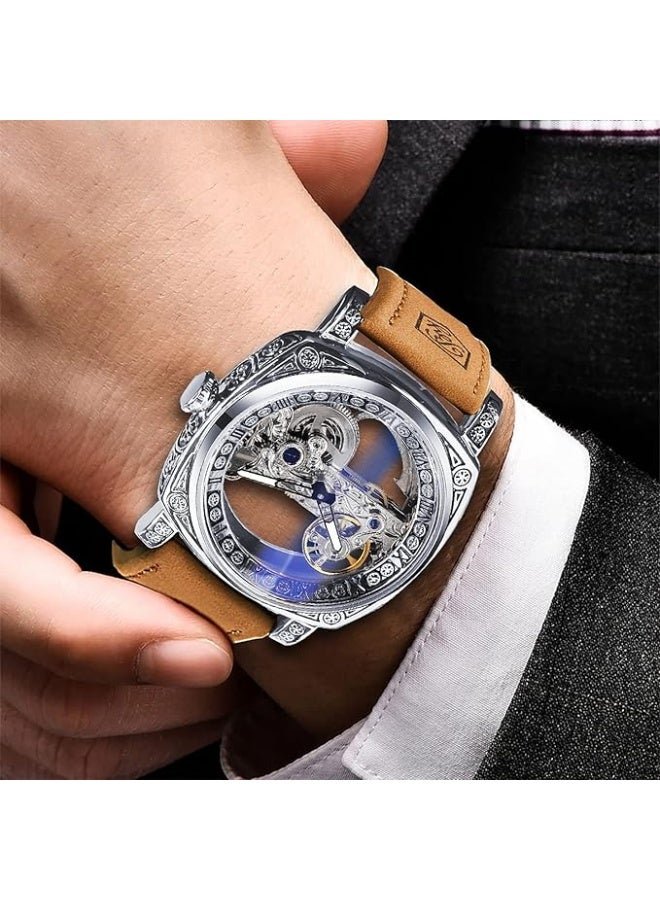 FORSINING Men's Luxury Square Carving Mechanical Watch, Retro Totem Double Sided Hollow Skeleton Self-Wind Automatic Watches, Vintage Leather Strap Wristwatch Reloj para Hombre - Image 4